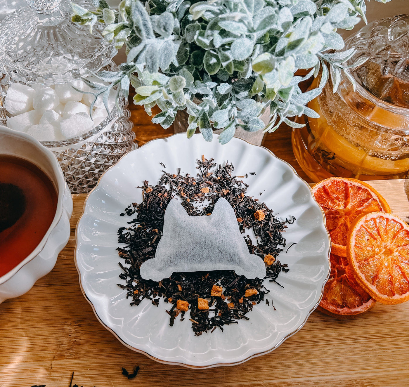 Cat Peeking Over Shaped Tea Bags